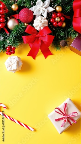 Festive Christmas background mockup with red decorations, gift boxes, and ample space for holiday text