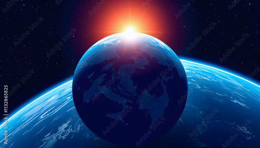 Fototapeta premium Blue sunrise, view of earth from space with AI, doodle art, with white tones