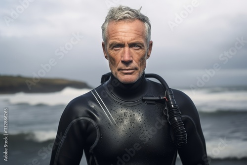 Portrait of a senior man in wetsuit looking at camera on the beach photo