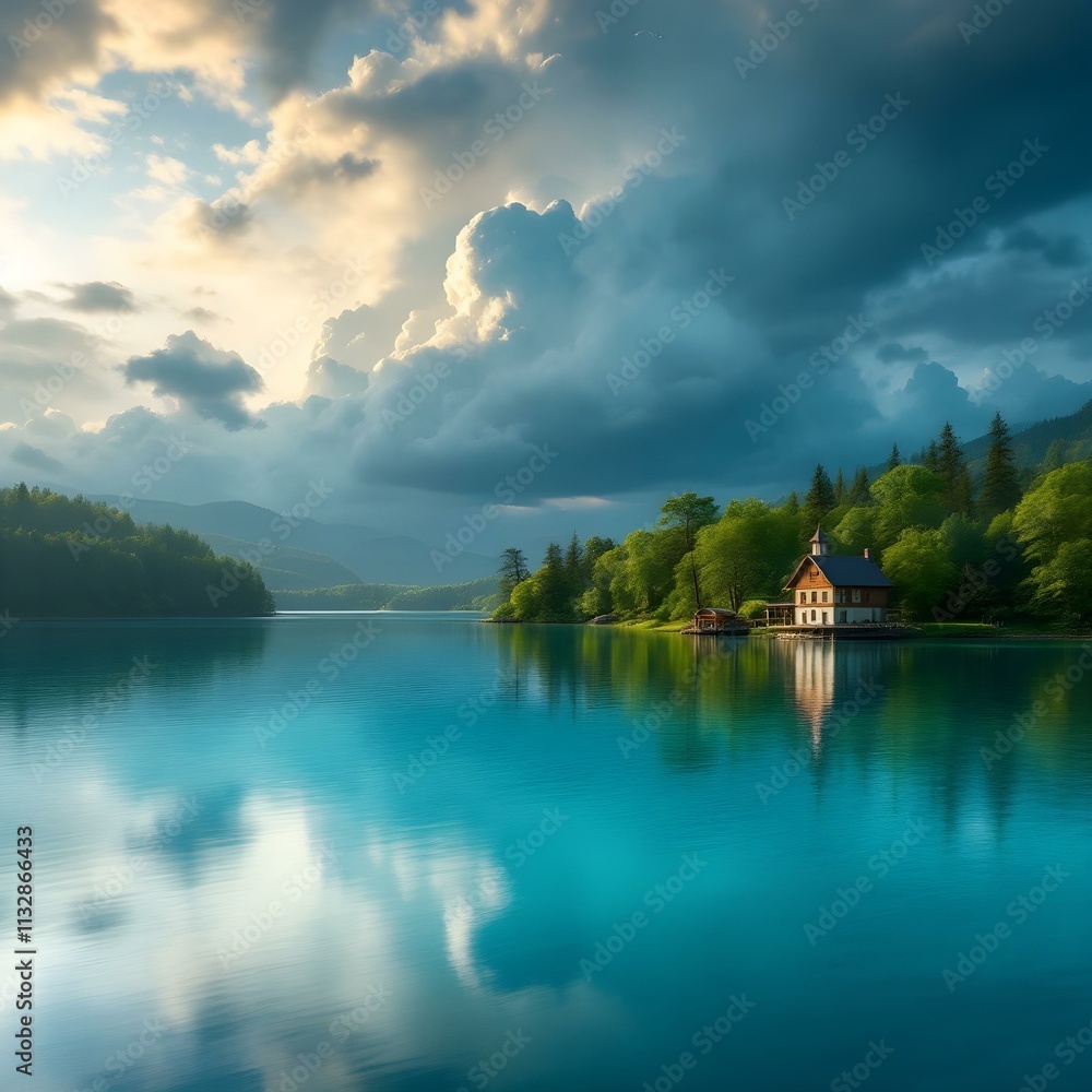 Fototapeta premium Serene mountain lake & dramatic cloudy sky