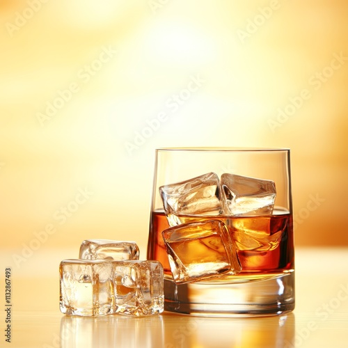 A close-up of a glass filled with whiskey and ice cubes, set against a warm, blurred background, Perfect for bars, drink menus, or articles related to spirits and mixology, photo