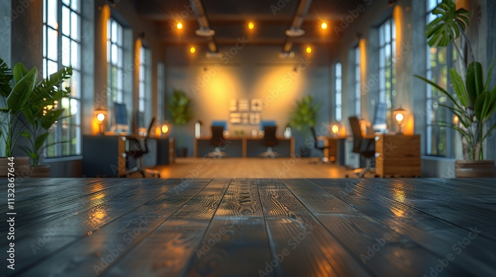 Obraz premium A wooden table in a modern office setting with warm lighting.