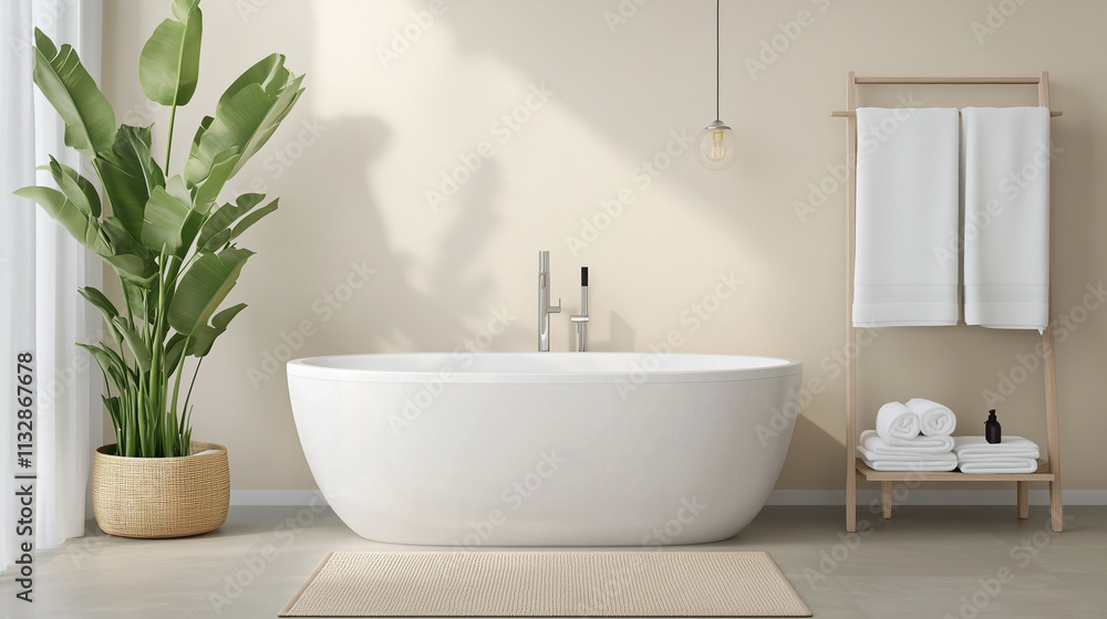 Fototapeta premium A contemporary cozy bathroom designed in white and beige tones