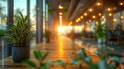 Wallpaper Mural A potted plant sits on a wooden table in a sunlit cafe. Torontodigital.ca