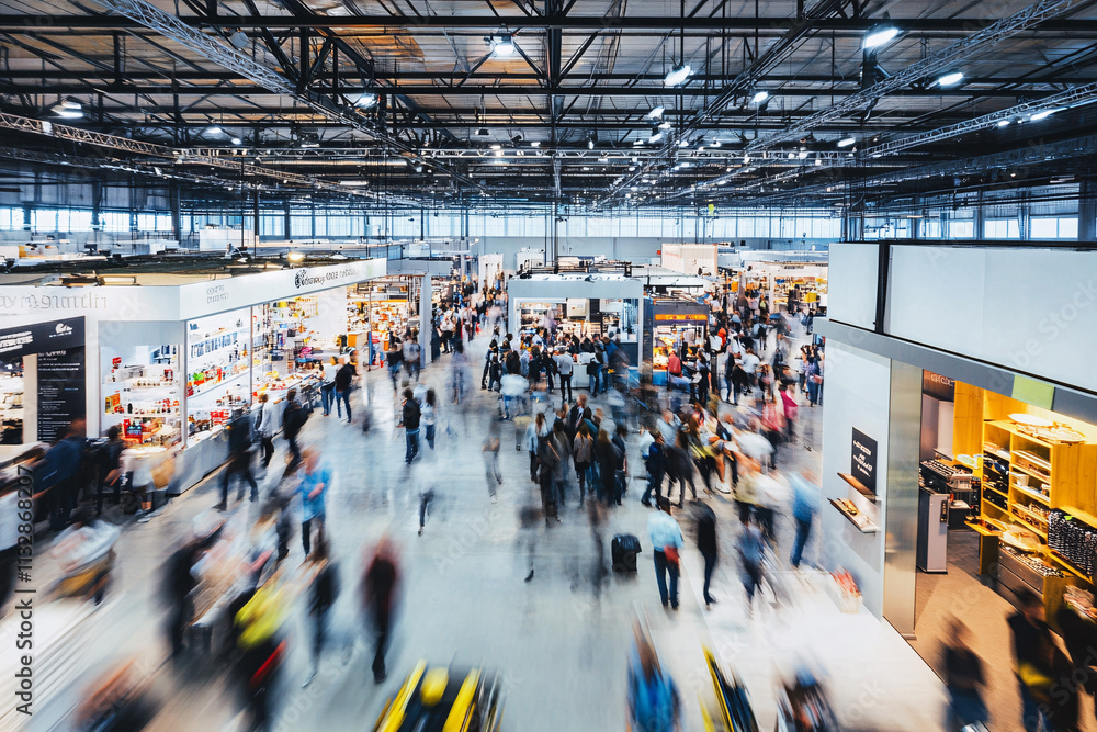 Obraz premium Exhibition blur background of convention hall event for business of tech expo, trade fair, passenger terminal or museum gallery lobby with blurry interior large corridor hallway white room empty space