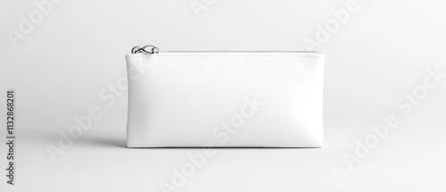 A minimalist white leather clutch with silver zipper hardware is photographed against a light gray background, displaying clean lines and a sophisticated saffiano texture. Generative AI photo