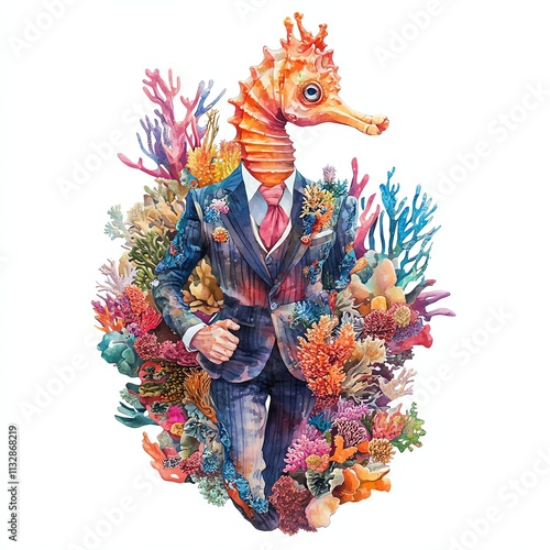 A whimsical seahorse dressed in a suit amidst vibrant coral. photo