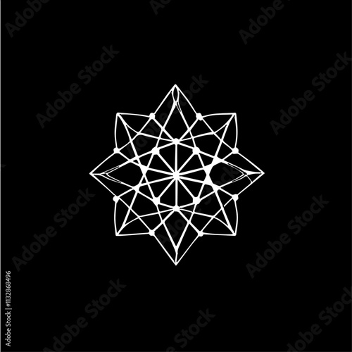 Minimalist sacred geometry design featuring a white geometric pattern on a black background