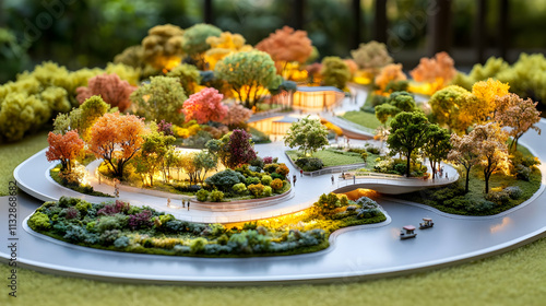 Illuminated architectural model of a park with winding paths, trees, and people.