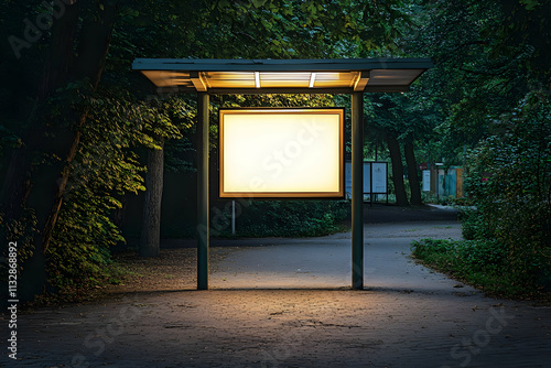 Illuminated blank billboard in park at night.