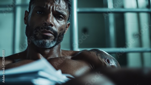 A brooding portrait of a man in a prison cell, covered in scars, surrounded by stacks of papers and bars, representing themes of confinement and contemplation. photo