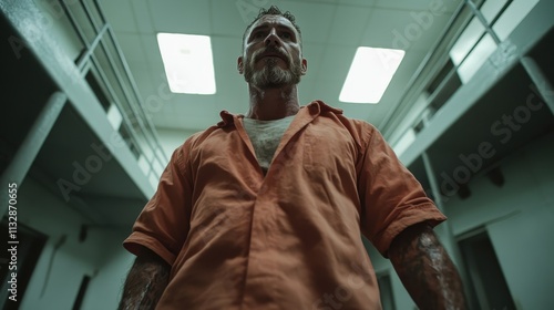 A prisoner in an orange jumpsuit stands firmly beneath institutional lighting, his conviction and strength portrayed against a backdrop of stark prison walls. photo