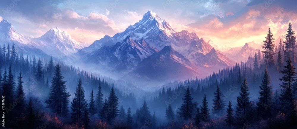 Obraz premium Majestic snow-capped mountain range at sunrise, misty forest in the foreground.