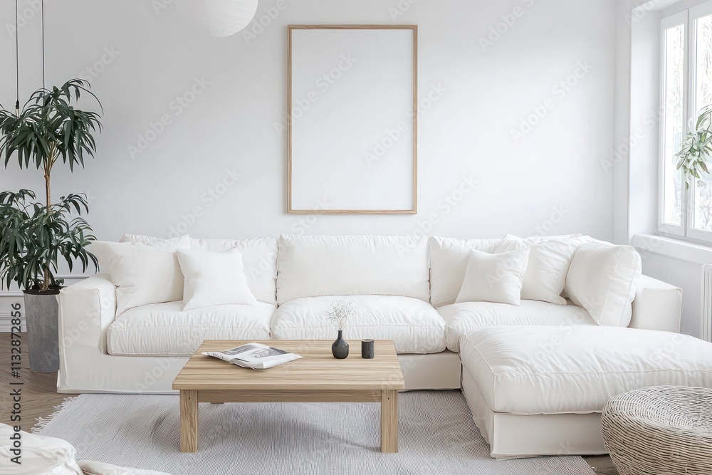 Fototapeta premium Scandinavian living room with bright light, white sectional sofa, minimalist coffee table, and mockup poster frame styled horizontally.