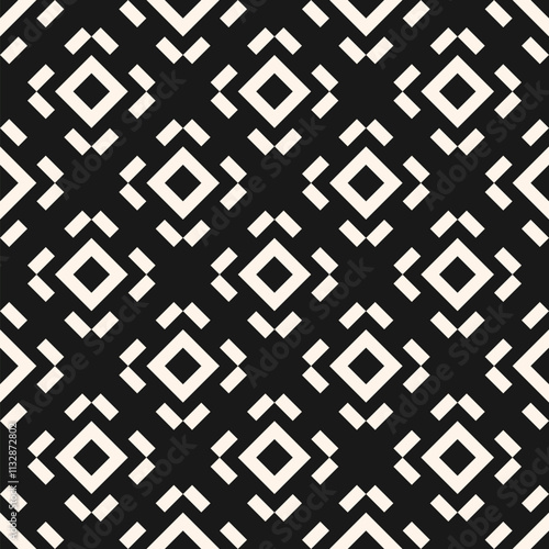 Simple geometric seamless pattern with small square shapes, lines, diamonds. Black and white pixel art texture. Abstract monochrome vector background. Stylish repeating dark design for decor, textile
