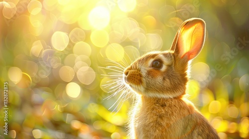 A cute bunny is praying, with divine rays of light shining on the side of his face, bokeh, side view. copy space. --ar 16:9 Job ID: 3c31db67-a78d-4f2b-a329-37ba7ed064a7 photo