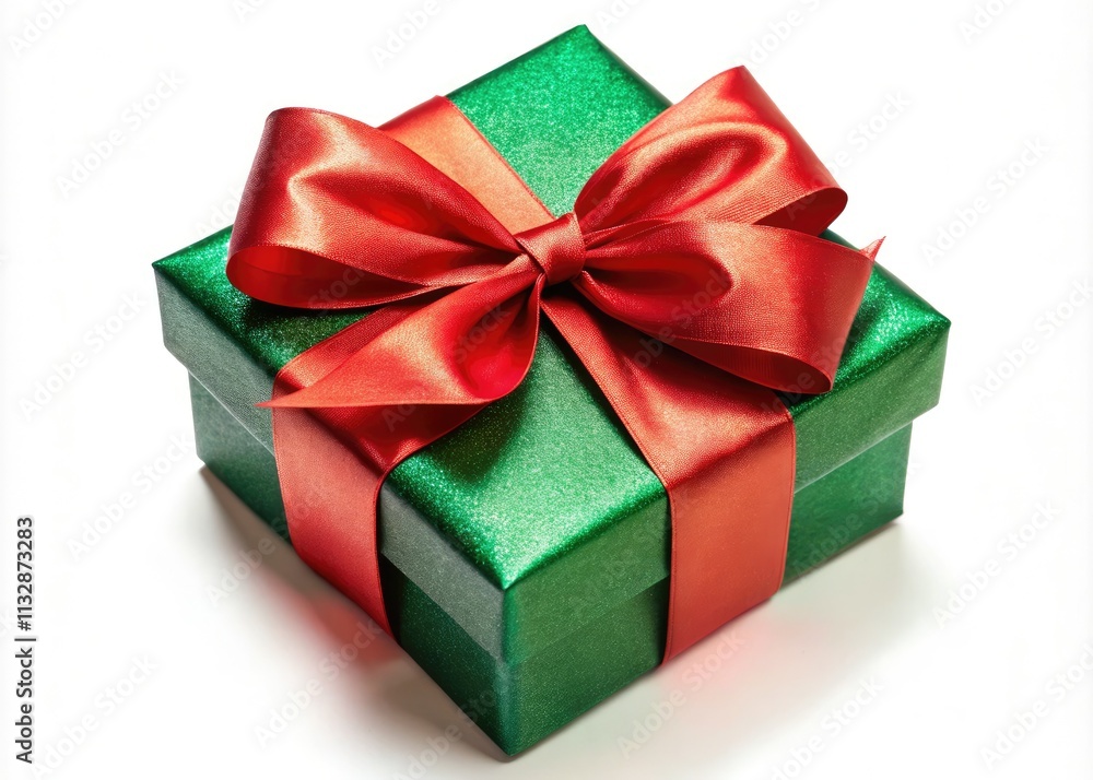 Fototapeta premium A festive Christmas gift box, adorned with a red and green satin ribbon bow, stands out against a pristine white background.