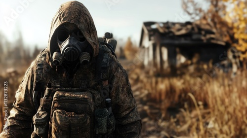 A masked traveler stands ready in desolate surroundings wearing weathered gear, representing themes of survival, solitude, and the challenge against an unforgiving world. photo