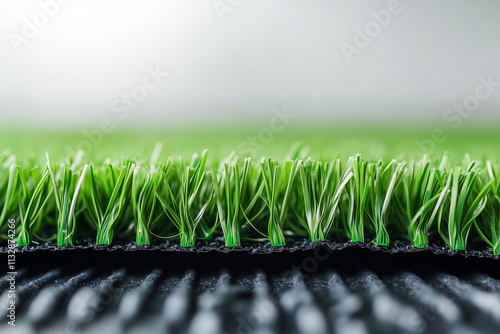  Close-up of artificial grass with realistic green blades and black backing