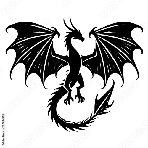 Black dragon silhouette, wings spread.