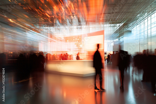 Blur, defocused background of public exhibition hall. Business tradeshow, job fair, or stock market. Organization or company event, commercial trading, or shopping mall marketing advertisement concept photo