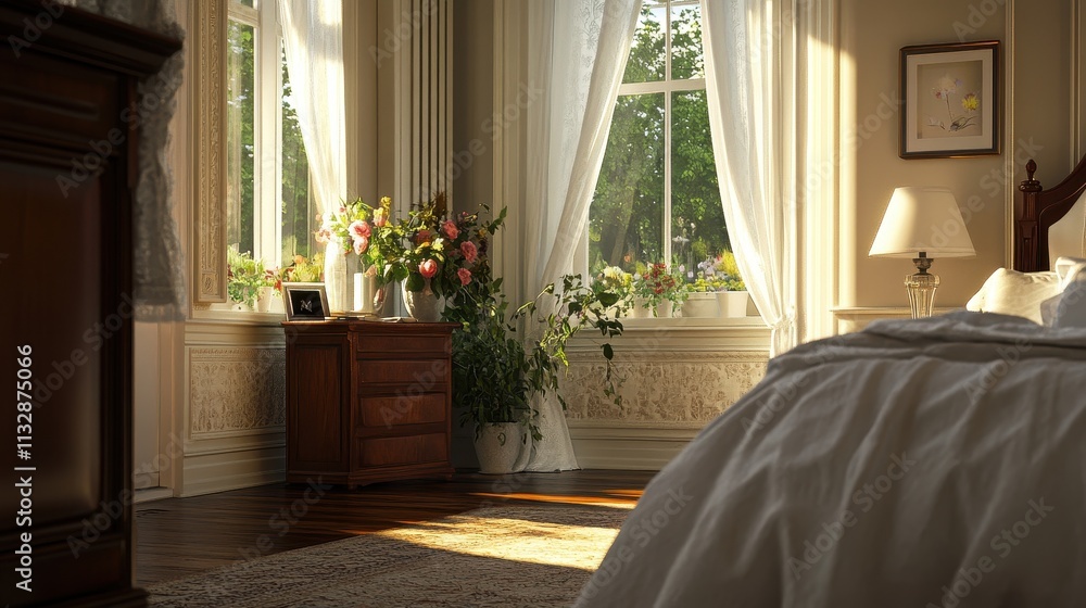 Fototapeta premium Sunlit Bedroom With Flowers And Antique Furniture