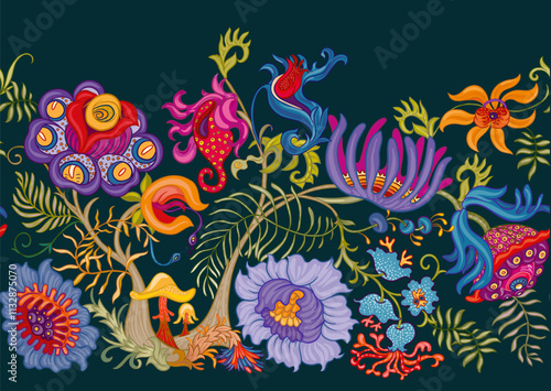Fantasy, alien hypnotic flowers, decorative flowers and leaves. Cartoon style. Millefleurs trendy floral design. Seamless pattern, background. Outline hand drawing vector illustration.
