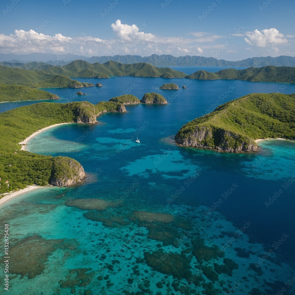 Fototapeta premium A tranquil bay with clear blue water, surrounded by green hills and dotted with small islands.