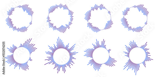 Set of circular ripple icons. Concentric circles with broken lines isolated on white background. Vortex, sonar wave, soundwave, sunburst, signal signs. Vector graphic illustration