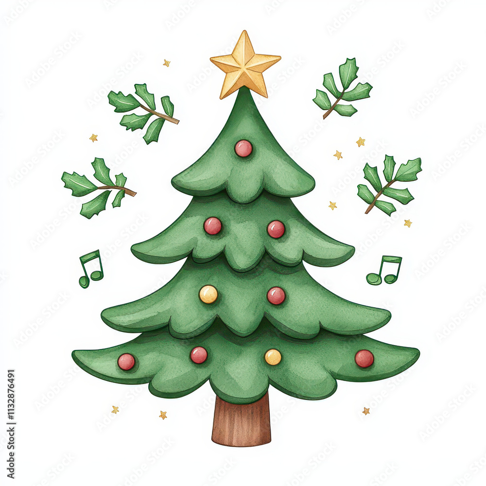 Fototapeta premium colorful and cheerful s tree with decorations, star, and musical notes. Perfect for holiday themes!