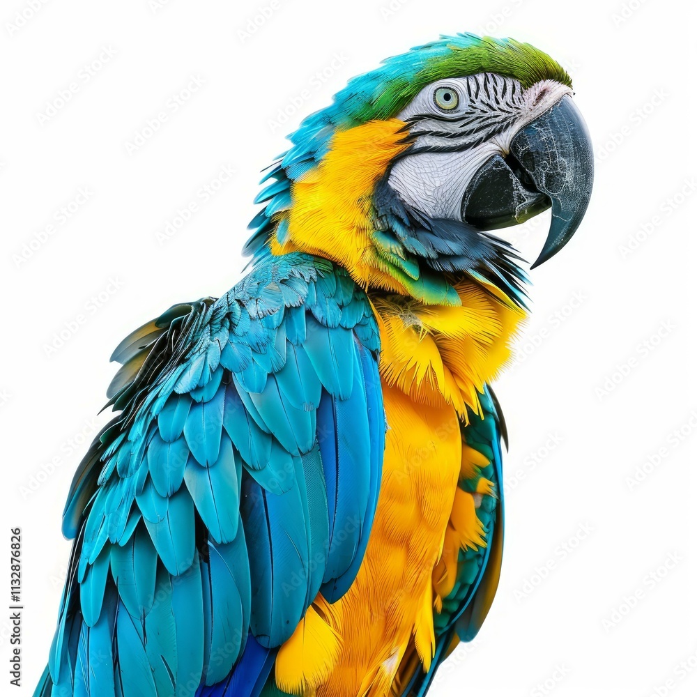 Fototapeta premium Colorful macaw parrot showing its beautiful blue, green and yellow plumage on a white background