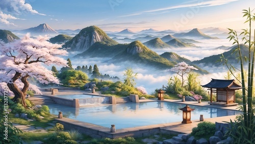 Serene Mountaintop Sanctuary: A breathtaking panoramic view of a tranquil Japanese garden nestled amidst misty mountains, showcasing the beauty of cherry blossoms, serene ponds.