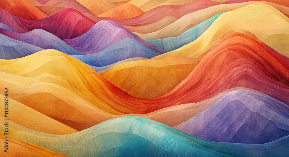 Obraz premium Vibrant abstract artwork showcases layered waves of color, illustrating a dynamic landscape filled with reds, oranges, yellows, blues, and purples, creating depth and movement.