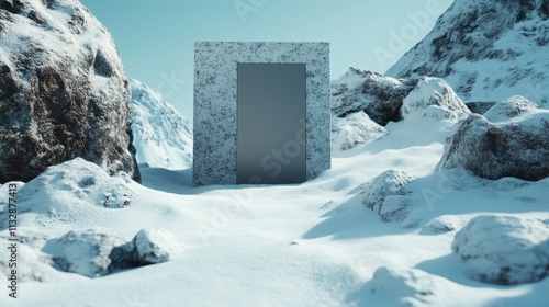 A modern concrete door stands isolated amidst a snowy mountain landscape, intriguing viewers with its stark contrast to the natural surroundings, suggesting mystery. photo