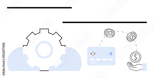 Gear mechanism next to a credit card, with coins transferring into a hand. Ideal for finance, digital transactions, automation, technology, fintech, business savings. Line metaphor