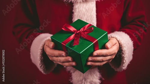 Hands holding a green gift box tied with a red ribbon in a festive atmosphere during the Christmas holiday season