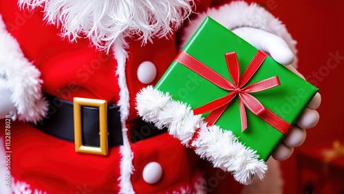 Festive green gift box held by Santa, embodying the spirit of holiday giving and celebration
