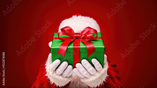 Celebrating Christmas with a festive green gift box wrapped in a red ribbon held in joyful hands