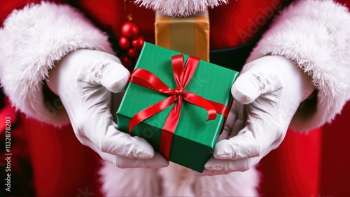 Festive holiday spirit captured with a gift in green box held by joyful hands during winter celebration