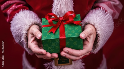 Festive hands holding a beautifully wrapped green Christmas gift with red ribbon in a cheerful holiday setting