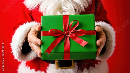 Festive hands delivering a surprise green gift box with red ribbon during the joyful Christmas season