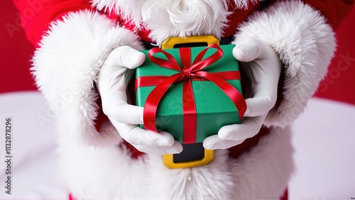 Festive hands present a green gift box decorated with a red ribbon during the joyful Christmas season