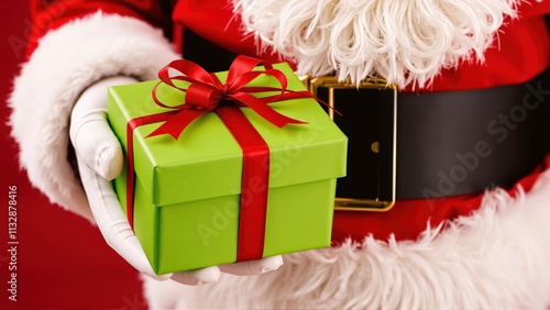 Surprise gift wrapped in festive green paper held by Santa in a joyful holiday celebration