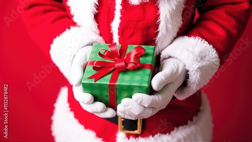 Joyful hands presenting a festive green gift box during the cheerful holiday season celebration