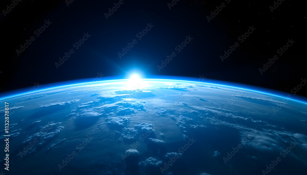 Obraz premium Blue sunrise, view of earth from space with AI, dreamy atmosphere, with white tones
