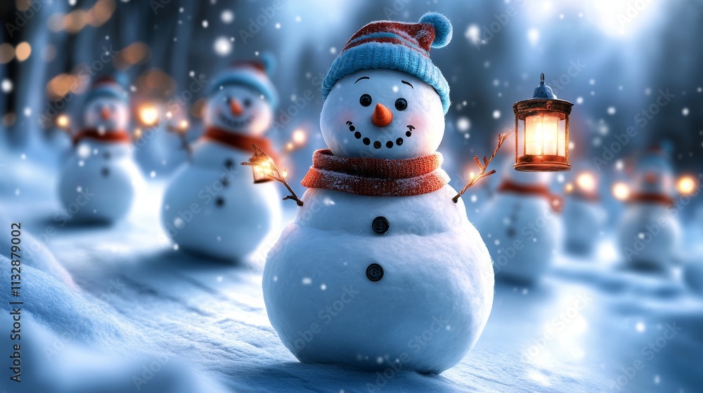 Fototapeta premium Cheerful snowman holding a lantern in a snowy landscape during a winter evening celebration