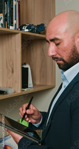 Optometrist Reviews Patient Files on a Tablet and Checks Equipment on Shelves in His Office