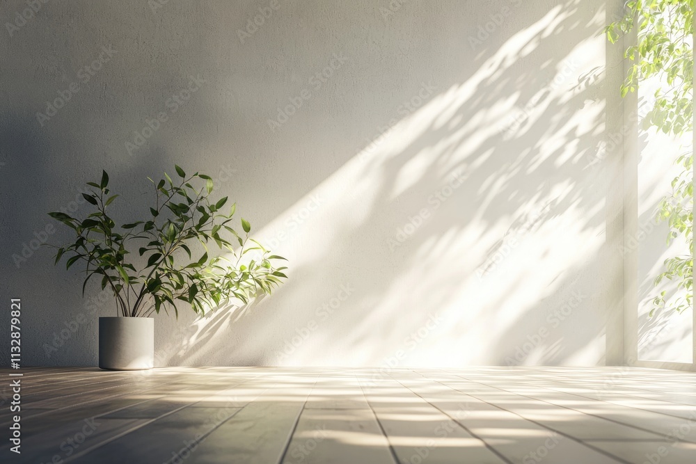 Fototapeta premium Minimalist Interior Decor with Natural Light and Indoor Plant in Modern Space Featuring Light Wall and Wooden Floor