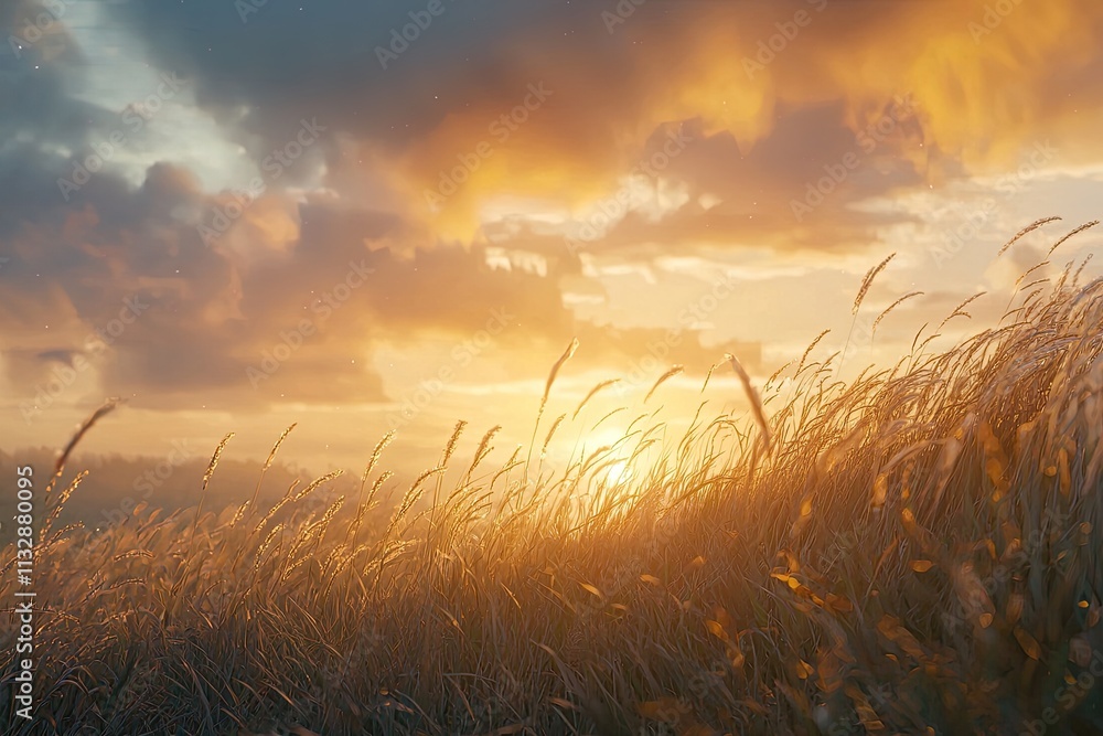 Naklejka premium Soft Focus on Tall Grass Against a Dreamy Sunset Sky, Capturing Nature s Beauty and Tranquility in a Serene Landscape Atmosphere