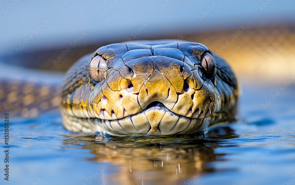 Fototapeta premium Python snake head in water closeup